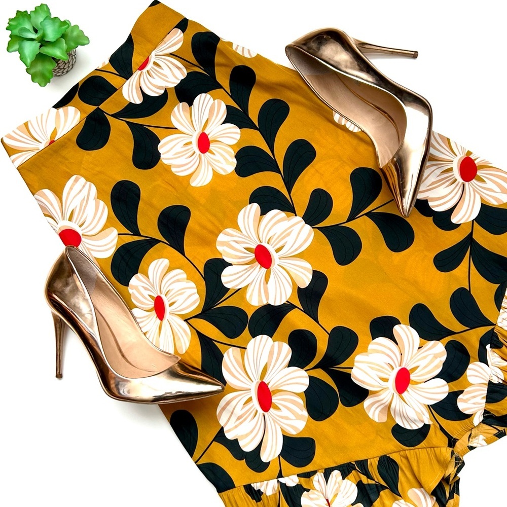 Anthropologie Mustard Floral Midi Skirt with Cream Flowers and Red Centers